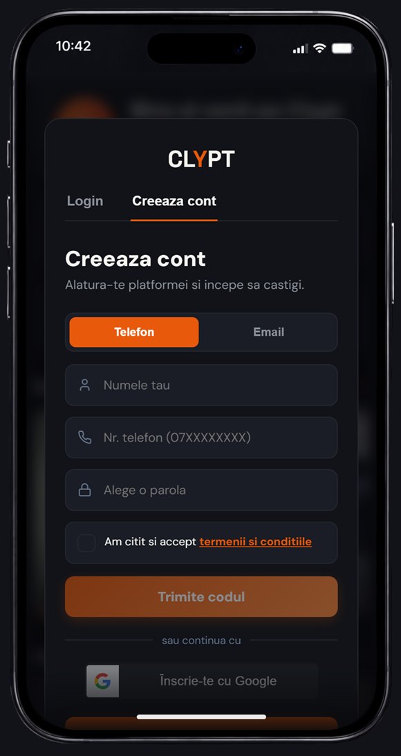 Ecranul de creare a contului în aplicația Clypt